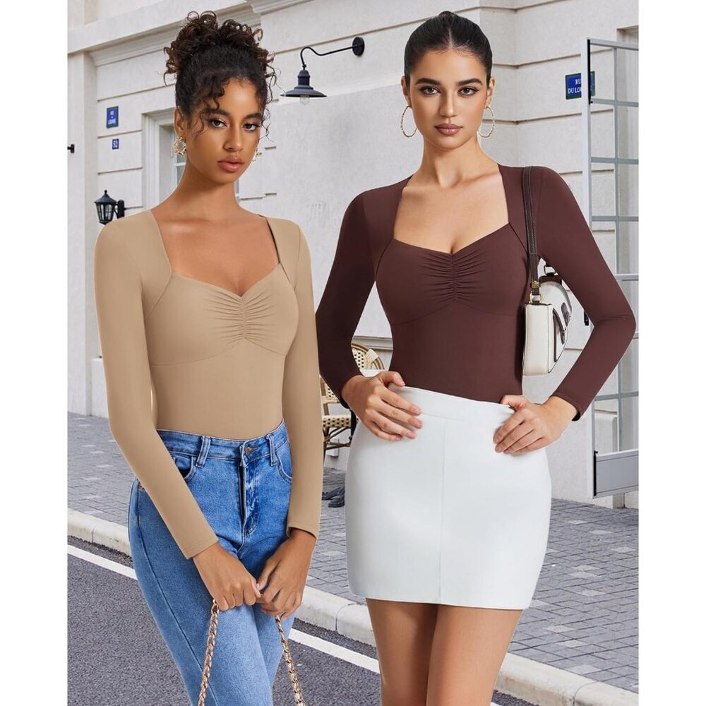 Women's Neckline Sexy Dark Beige Bodysuit Sweetheart Long Sleeve Double Tops - Picture 5 of 6